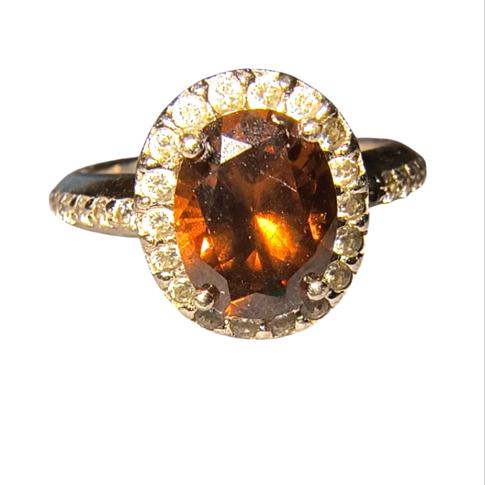 Sterling Silver, Clear & Cognac Colored CZ Halo Ring